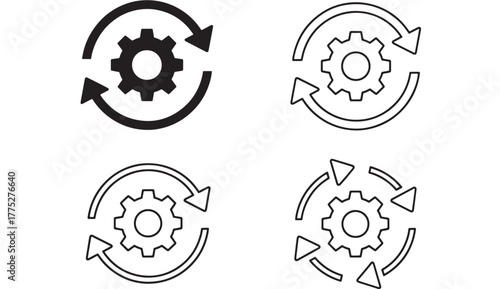 Two sets of circular gear icons with arrows on transparent background silhouette
