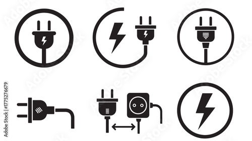 Electric power plug icons set with lightning bolts on transparent background silhouette
