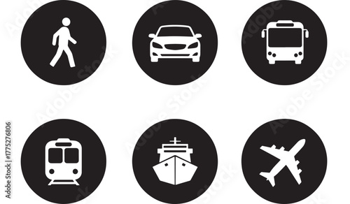 Transportation icons set featuring pedestrian car bus train ship and airplane silhouette on transparent background