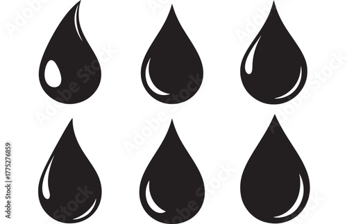 Collection of black water droplets in various shapes on transparent background silhouette