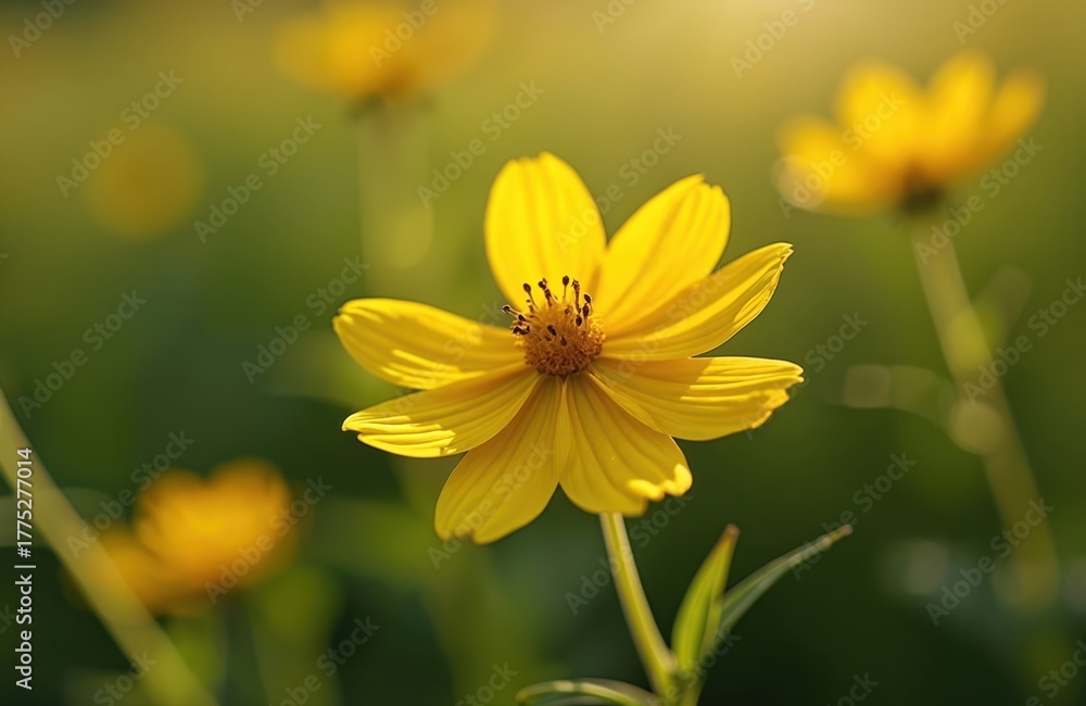 Obraz premium Close up photo shows bright yellow flower blossoming. The flower against a blurred green backdrop. Sunlight softly illuminates the petals. Nature beauty and flora are captured.