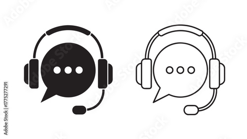 Two headset icons with speech bubbles solid and outline on transparent background silhouette