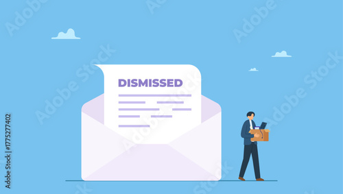 Unemployed businessman walk away from dismissed email with his stuff. Layoff email sending to employee to inform job dismissed or fired, end career or staff layoff due to economic recession.