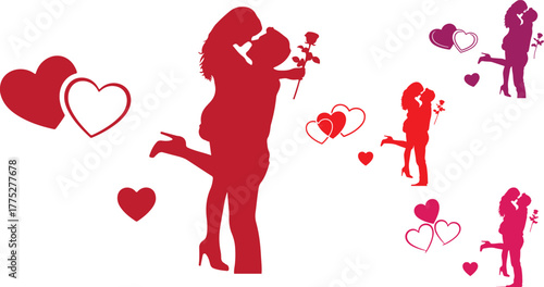 Romantic couple embracing with hearts and roses celebrating love on black background