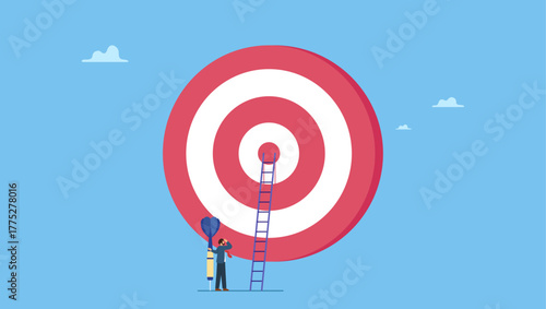 Businessman hold big dart about to climb up ladder to bullseye. Aiming for high target mission, plan and strategy to achieve goal, business opportunity or career success journey.