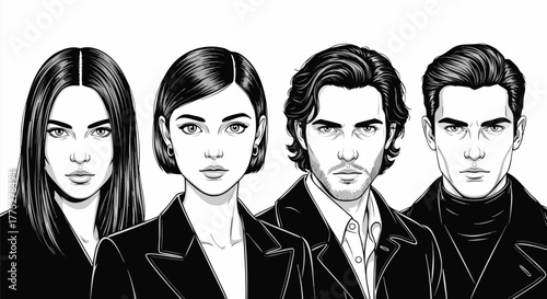 Portraits of four individuals, capturing their unique facial features and expressions in a striking black and white illustration