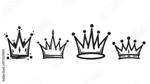 Four hand drawn crown designs with unique styles on transparent background silhouette