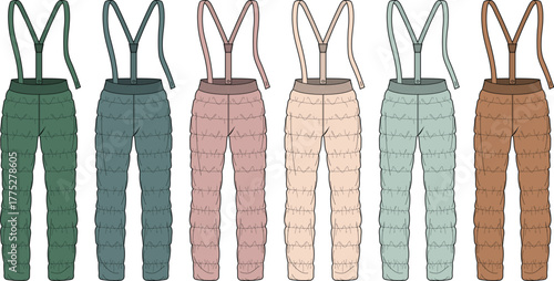 Collection of flat design illustrations showing winter pants with suspenders in various colors for fashion design