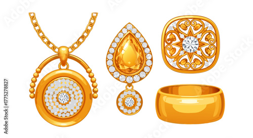 Collection of stunning gold jewelry pieces necklace, earrings, ring, and pendant with radiant gemstones, elegant design