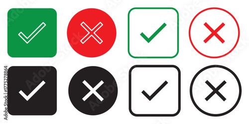 Tick, cross icon set. Yes or no symbol, approved or rejected icon for user interface. Green tick and red cross checkmarks. Right or wrong icons. Checkmark and x mark icon for apps and websites.
