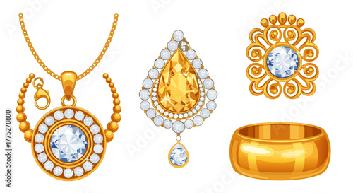 Exquisite golden jewelry collection featuring dazzling gemstones, including a sophisticated necklace, ornate pendant, intricate brooch, and a classic ring