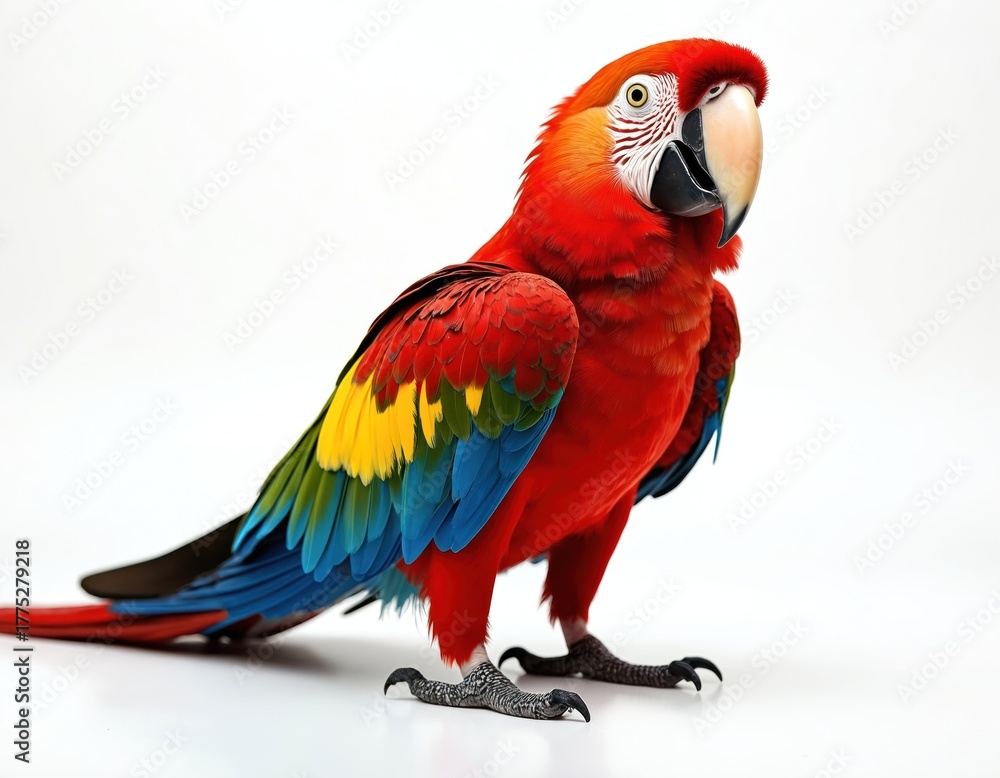 Naklejka premium Scarlet macaw portrait. Bright red parrot stands isolated. Colorful bird with yellow blue feathers. Studio shot of exotic pet on plain white backdrop. Wildlife avian beauty.
