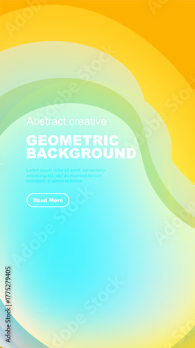 Abstract geometric background features vibrant color gradients. Text sample present, button included. Modern design elements visible.