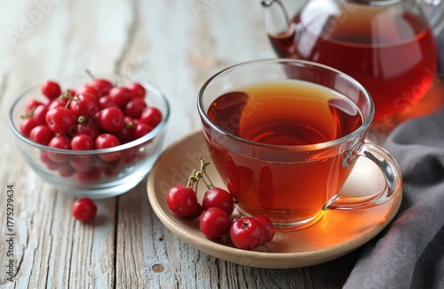 Warm hawthorn tea with fresh berries sits on rustic wooden table. Herbal infusion offers natural heart health benefits. Cup of red beverage alongside bowl of ripe berries suggests wellness,