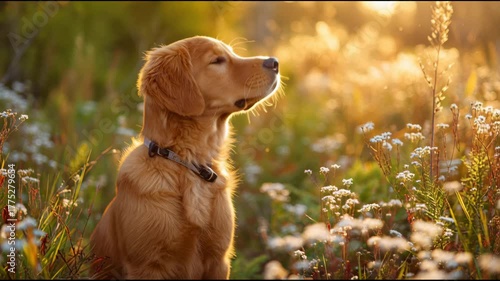 Adorable Golden Retriever puppy sitting peacefully in a sunlit meadow during golden hour.