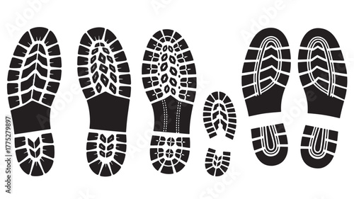 Collection of diverse shoe sole prints graphic element on transparent background silhouette