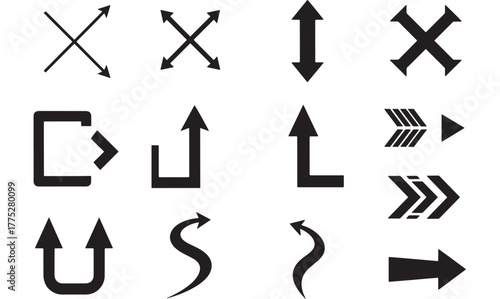 Collection of black directional arrows and geometric shapes on transparent background silhouette