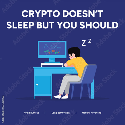 A crypto trader falls asleep at his desk in front of a computer, reminding that crypto doesnt sleep but you should