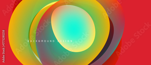 Abstract vibrant layers create circular design. Red background complements colorful gradients, modern aesthetic.