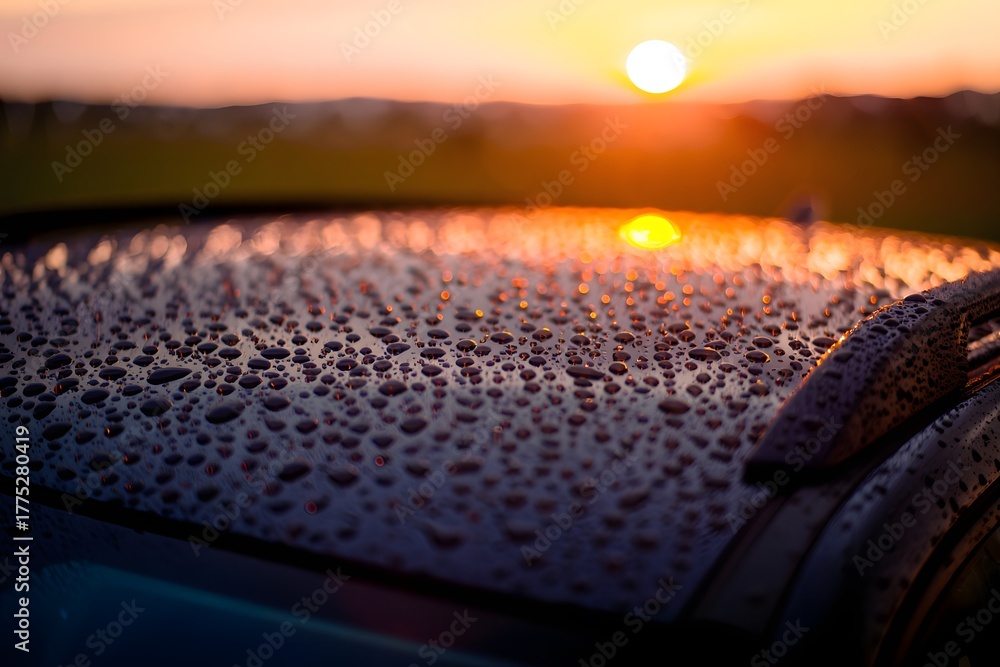 Fototapeta premium Water droplets on car roof with sunset reflecting creating a beautiful background scene