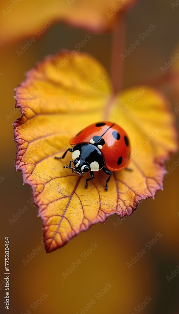 Fototapeta premium Ladybug sits on dry leaf. Coccinellidae crawls on yellow foliage in fall season. Red bug with black dots walks in autumnal nature garden. Closeup view. Macro shot of bug.