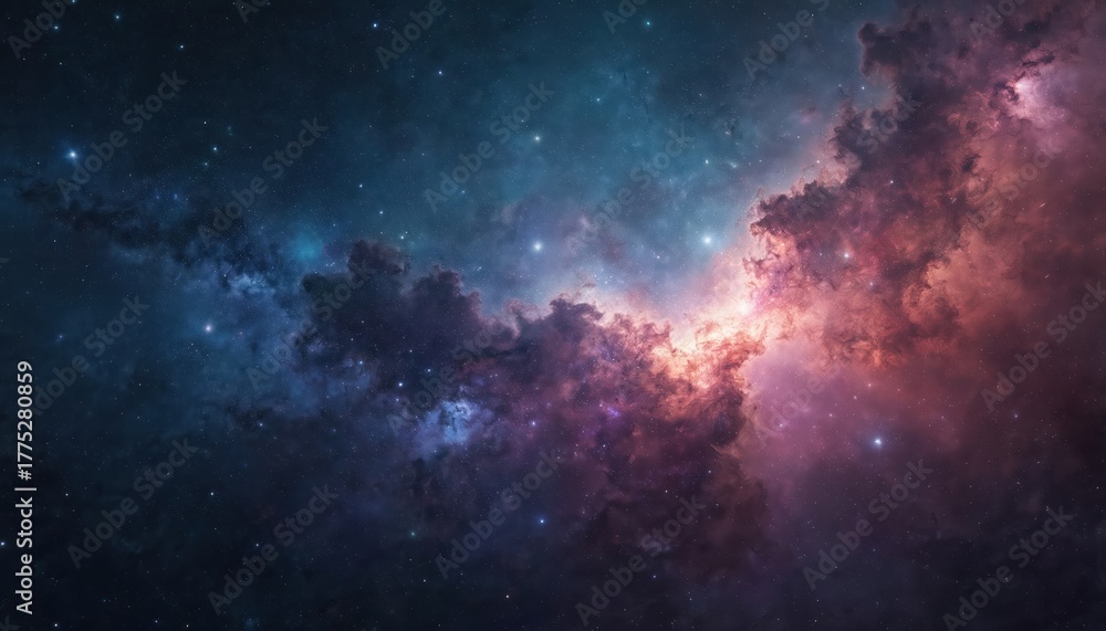 Obraz premium Cosmic nebula in deep space with vibrant colors. Bright stars, glowing gas clouds in shades of blue, purple, red. Celestial landscape with dark background, scattered stars. Beautiful cosmic scenery.
