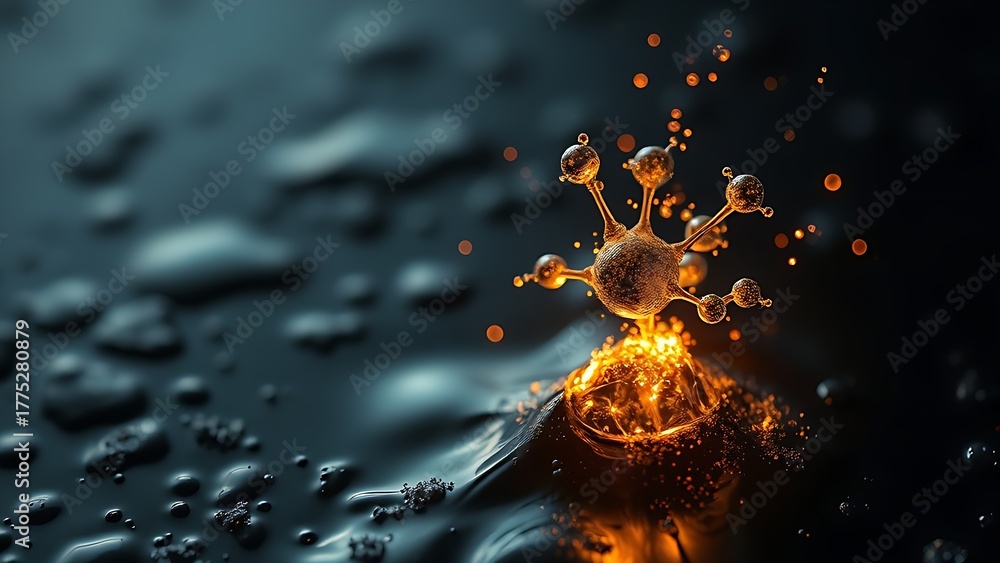 Fototapeta premium submicroscopic. A single, complex, glowing molecule emerges from a dark, primordial aqueous solution, symbolizing the spark of life. STEM education sheets.