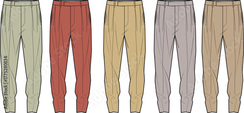 Collection of men's pleated and tapered trousers in different colors. Apparel design flat sketch template for fashion and clothing manufacturing