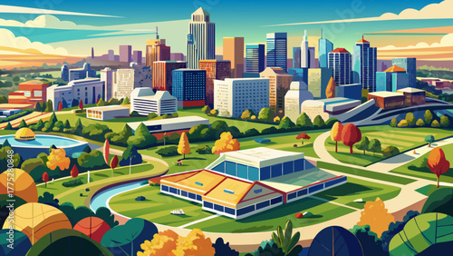 Very beautiful aerial panoramic view of Overland Park, Kansas, USA, showcasing the cityscape with modern buildings, lush green parks, and suburban neighborhoods under a bright sunny sky.