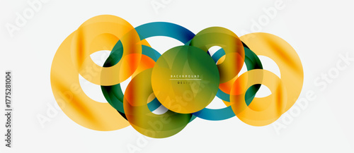 Abstract colorful circles overlap creating dynamic visual effect. Gradient shades blend smoothly, forming modern design element.