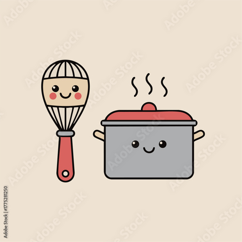 Minimal Pop Cooking Whisk and Pot with Steam Icon | ミニマルポップな料理泡立て器と湯気の鍋のアイコン
