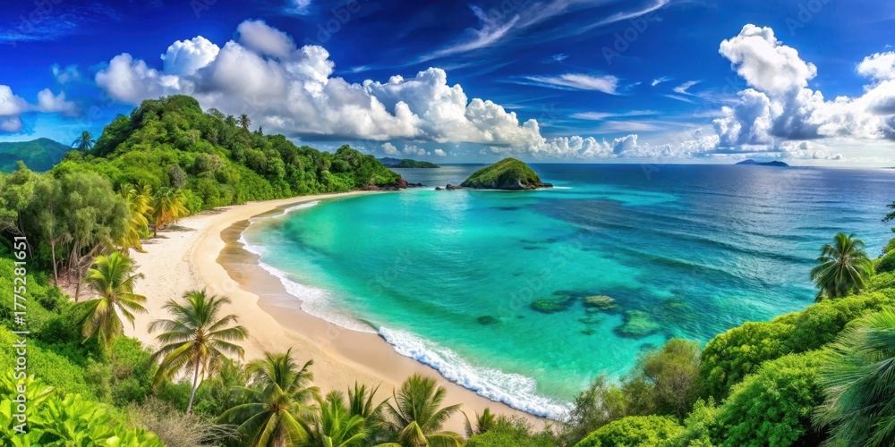 Fototapeta premium Beach panorama with turquoise ocean and lush greenery