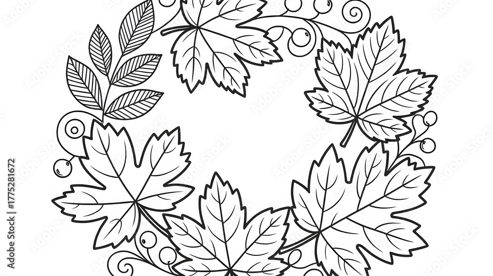 Leaf wreath line drawing with maple and berry design for coloring page
