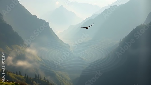 infrasound. Mountain valley with concentric sound ripples in air, a bird in flight creating acoustic patterns through morning mist. travel magazines.
