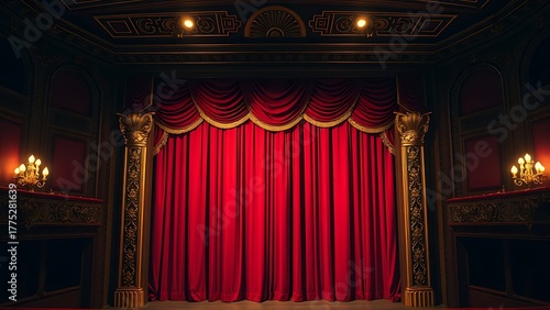 presto. Opulent opera house box with red velvet curtains and golden decorative details. real-estate listings, architecture portfolios, designed for interior renovation comparisons for interiors.