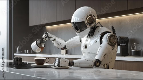 Advanced AI Robot Enjoying a Morning Coffee Break in a Modern Kitchen, Future Automation and Domestic Life
