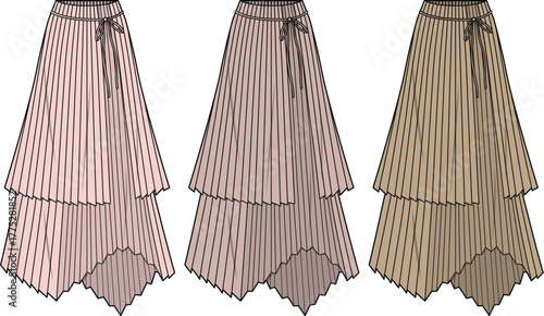 Elegant pleated tiered skirts for women. Fashion illustrations featuring asymmetrical handkerchief hem and drawstring waist in various colors for apparel design concepts