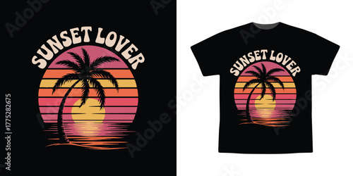Sunset Lover Retro Palm Tree Beach Vintage Illustration