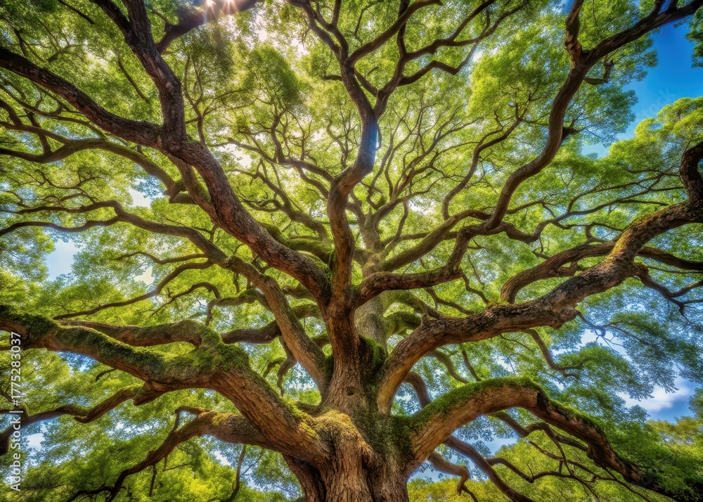 Fototapeta premium A large tree with a sprawling canopy and gnarled branches stretching towards the sky