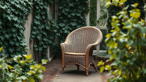 oligarchy. Wicker armchair nestled in a garden surrounded by ivy vines and soft natural light. real-estate listings.