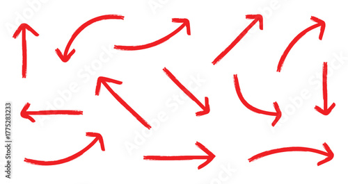 Red Hand Drawn Arrows Collection. Hand drawn pencil marker doodle arrow set brush line, curved direction pen style.