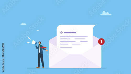 Businessman standing beside an email envelope announcing promotion through megaphone. Email marketing, CRM, subscription on web and sending email newsletter for discount or promotion information.