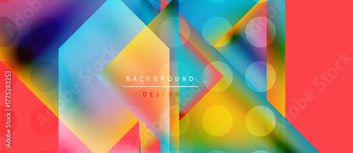 Abstract geometric shapes, vibrant colors blend. Overlapping layers create dynamic visual texture. Modern design elements present bold composition.