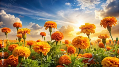 Fototapeta Naklejka Na Ścianę i Meble -  Golden orange marigold flowers against a soft warm autumn sky with few scattered clouds and a hint of green grass