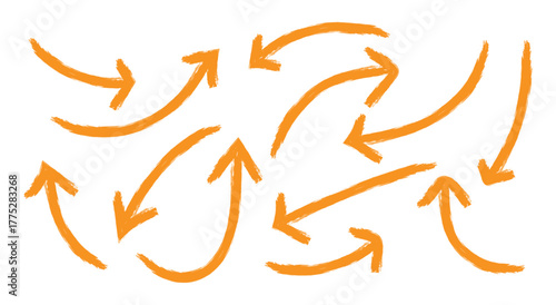 Set of hand drawn yellow grunge arrows on white background. Abstract different brush arrows. Collection of chaotic doodle design element vector illustration.