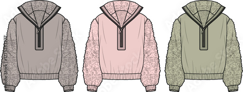 Three stylish hoodies with different colored panels and textured sleeves, presented in a clean vector illustration