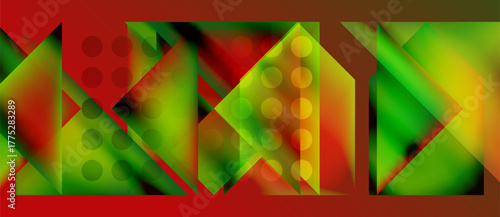 Abstract geometric composition. Vivid gradients, triangles, circles create dynamic visual pattern. Red, green, yellow dominate design.