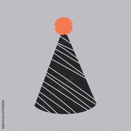 Party cone hat with diagonal stripes and orange pom pom. For birthday invitations, event posters.