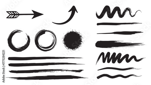 Hand drawn brush strokes arrows and circles on transparent background silhouette