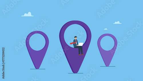 Businessman working remotely with computer laptop on location map pin. Remote job or distance work, virtual office or working anywhere, freelancer or online office, oversea employee.